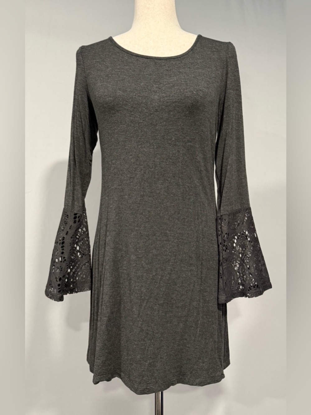 Tacera Charcoal Gray Long-Sleeve Dress with Crotchet Bell Sleeves